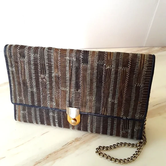 VTG BLUE LEATHER REPTILE CHAIN SHOULD BAG - Picture 1 of 7